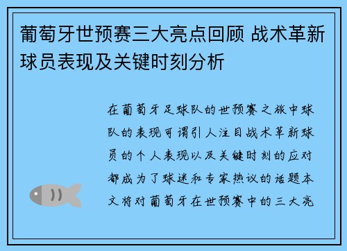 葡萄牙世预赛三大亮点回顾 战术革新球员表现及关键时刻分析