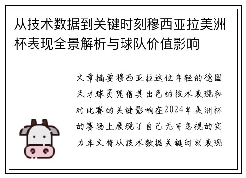 从技术数据到关键时刻穆西亚拉美洲杯表现全景解析与球队价值影响