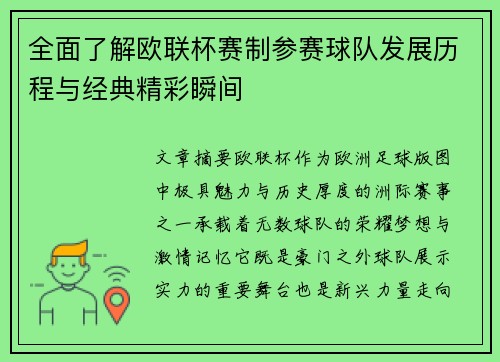 全面了解欧联杯赛制参赛球队发展历程与经典精彩瞬间 全面了解欧联杯赛制参赛球队发展历程与经典精彩瞬间